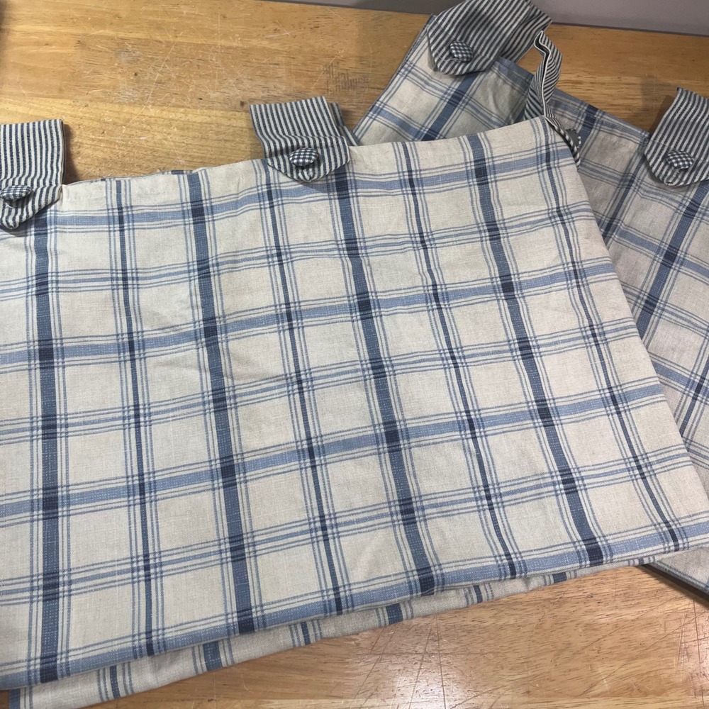 Vtg Waverly Blue Plaid Linen Tab Top Curtain Panels Set of 2 43x68 Farmhouse